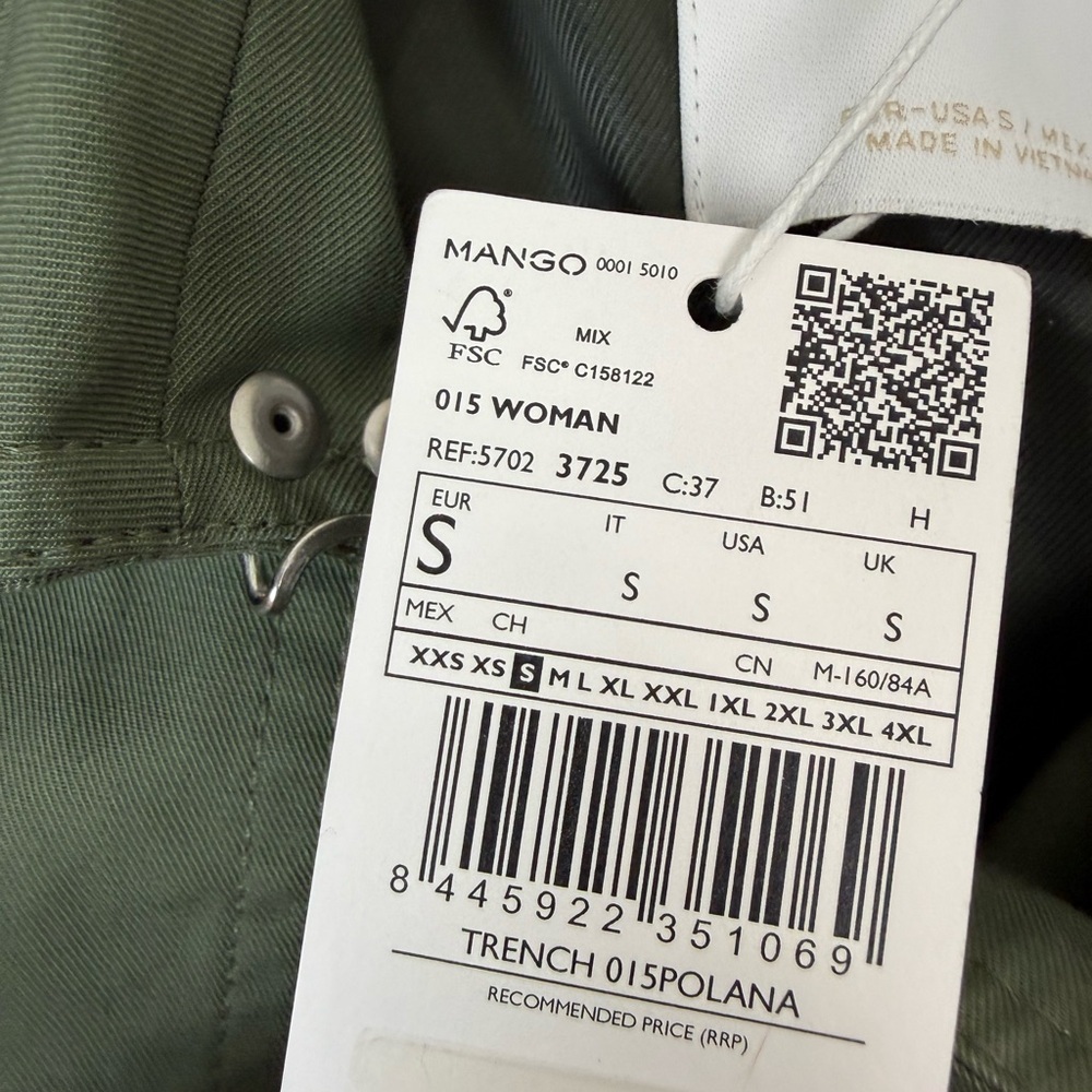 NWT Mango Classic Trench Coat with Belt Green Cotton Size S - Picture 13 of 13